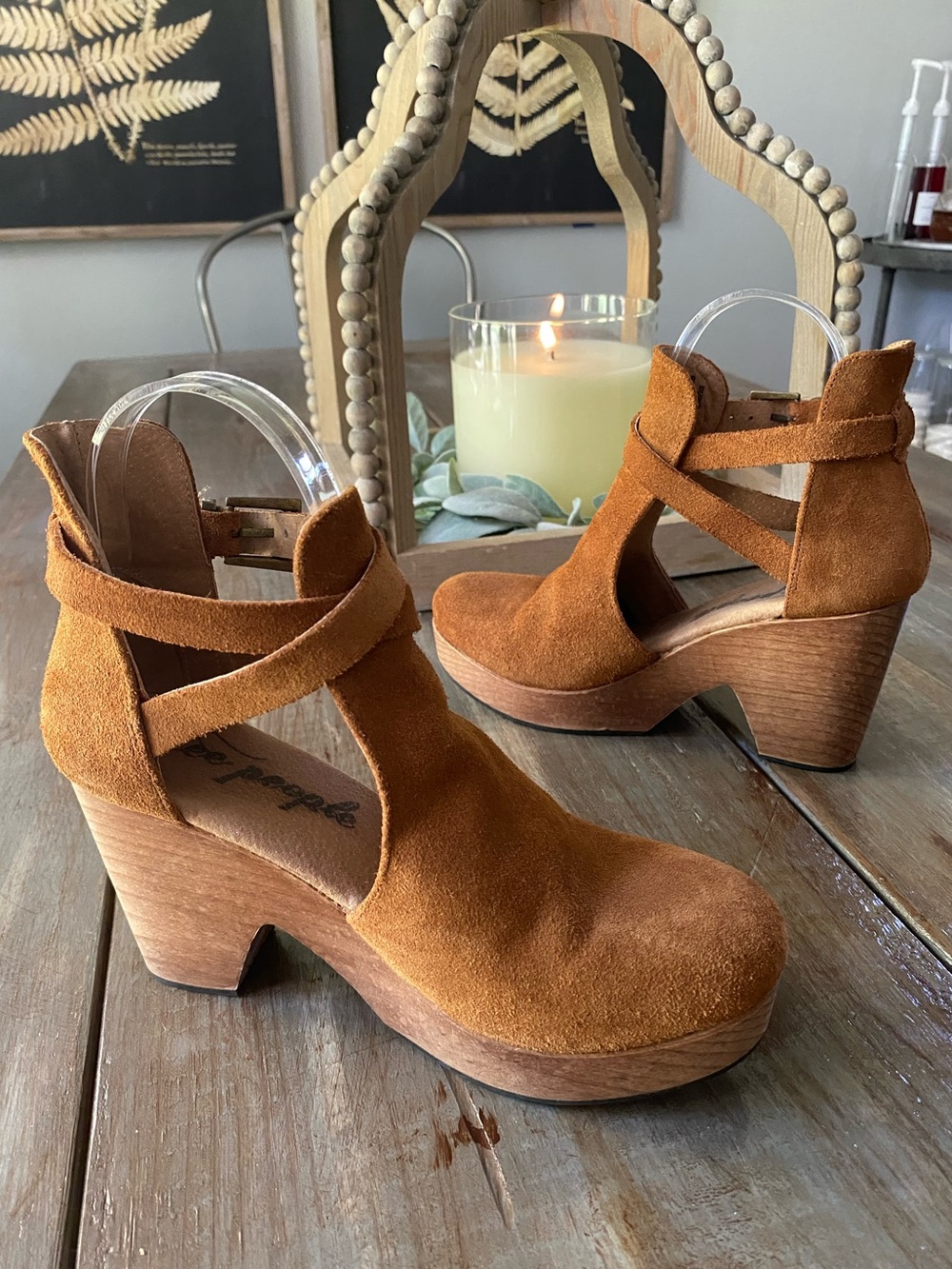 Free People Cedar Clogs Leather Wooden Platform Ankle Boots Womens 36 Tan Brown - Picture 2 of 12